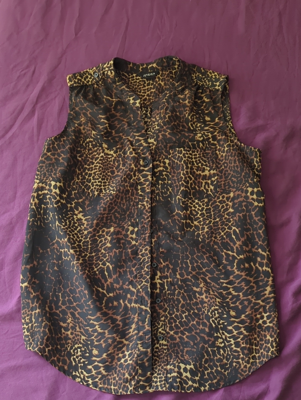Jessica Sleeveless Leopard-Print Button-Down Top in Brown and Black